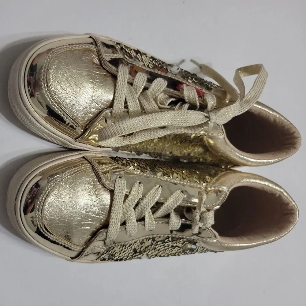 Childrens Place Shoes Girls 4 Gold Sneaker Classic Lace Low Top Flat Flip Sequin